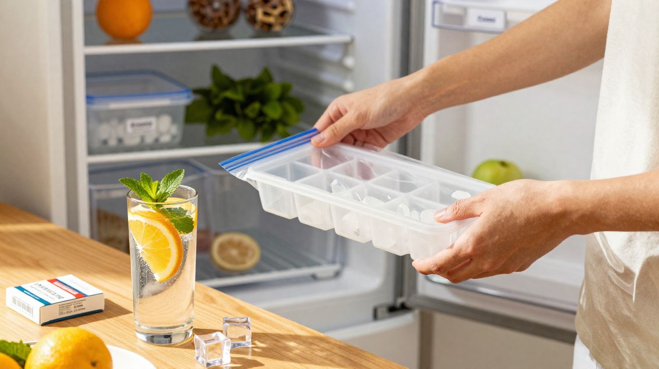 Pessoa a retirar saco com forma de gelo do congelador, com copo de água com limão e hortelã na mesa.