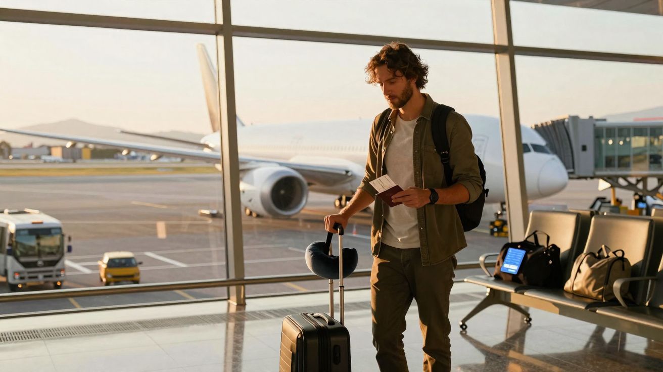 Homem com mochila e mala de viagem espera no aeroporto junto a uma janela com avião ao fundo.