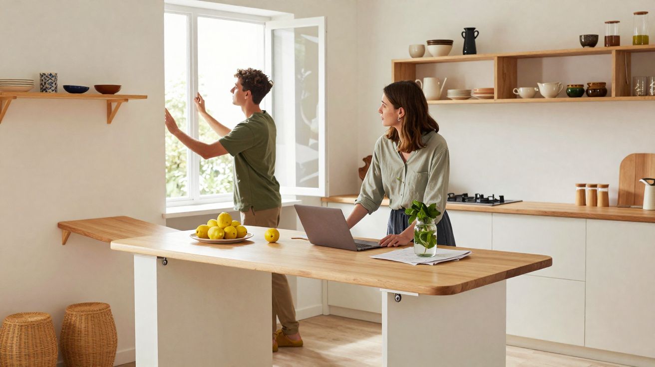 Casal jovem na cozinha moderna, ele abre janela e ela usa portátil ao balcão com decoração minimalista.