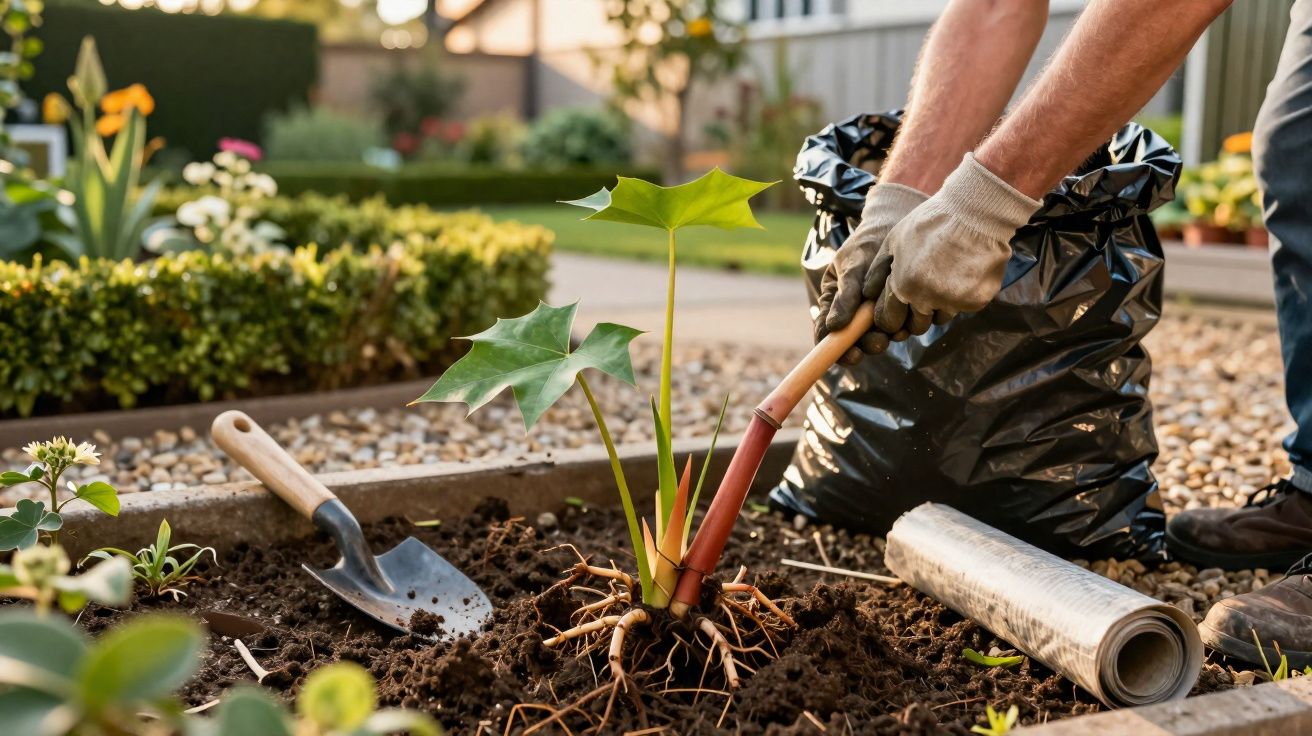 Mãos com luvas plantando uma muda numa horta, com ferramentas e saco de lixo ao fundo.