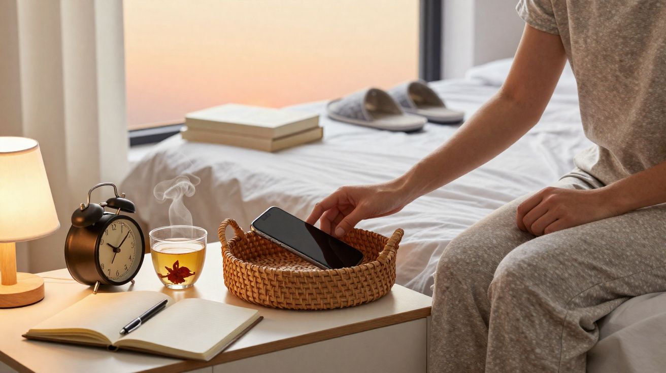Pessoa a pousar um telemóvel numa mesa ao lado da cama com livro, chá quente, despertador e candeeiro.