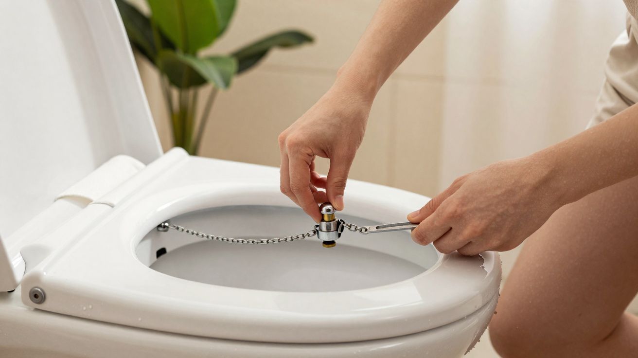 Pessoa a instalar um sistema de bidé portátil numa sanita branca num ambiente sanitário moderno.