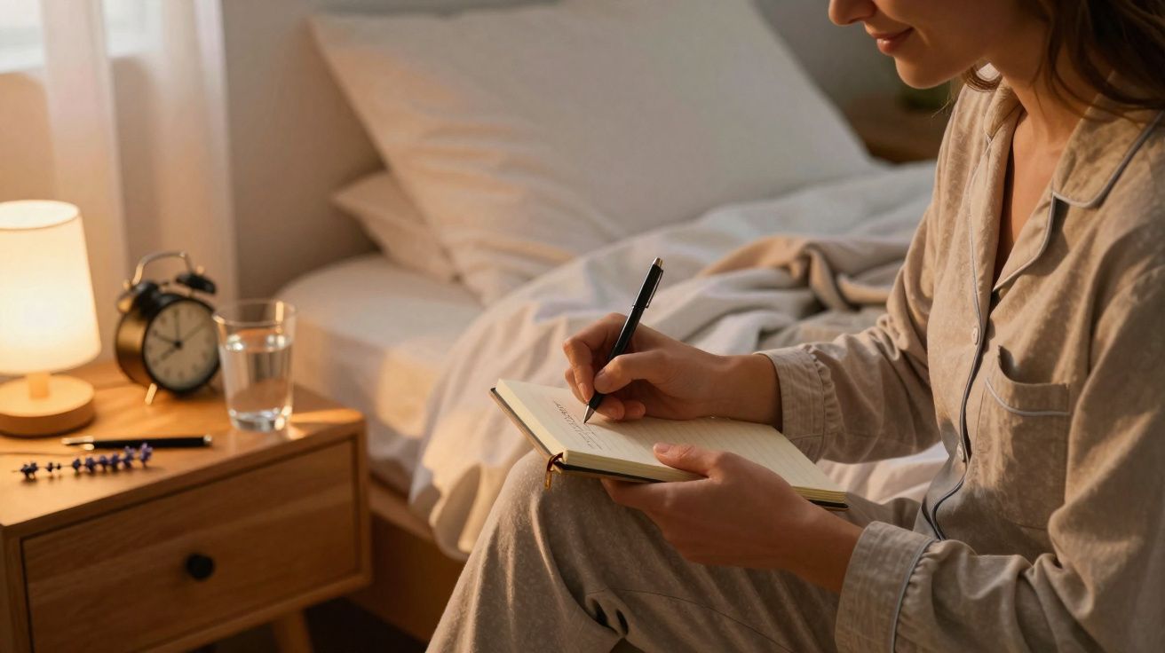 Pessoa em pijama a escrever num caderno sentada num quarto com luz suave e uma mesa de cabeceira ao lado.