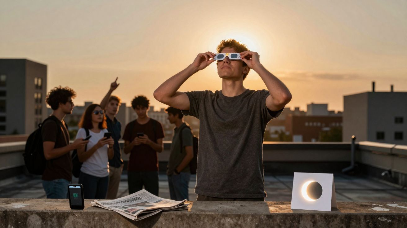 Jovem com óculos de eclipse observa fenómeno solar, grupo de pessoas ao fundo no terraço ao pôr do sol.
