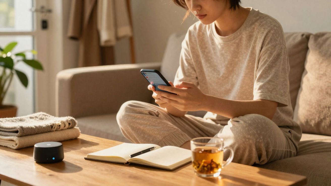Pessoa sentada no sofá usando telemóvel, com chá, caderno e assistente de voz numa mesa de madeira à frente.