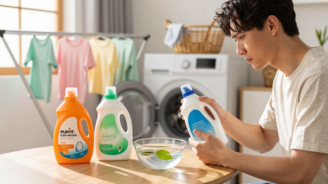 Homem a ler rótulo de detergente à mesa com outros produtos de limpeza e máquina de lavar roupa ao fundo.