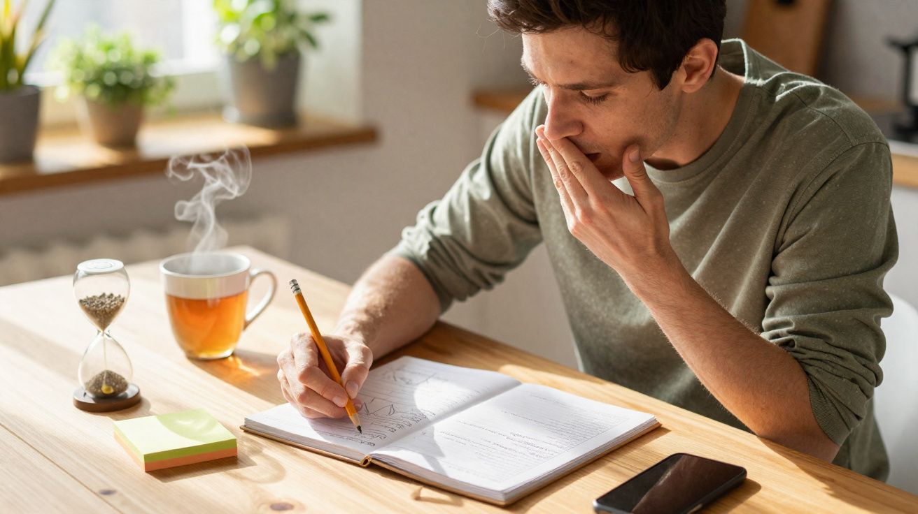 Homem preocupado a escrever num caderno com chá quente, ampulheta e telemóvel numa mesa de madeira.