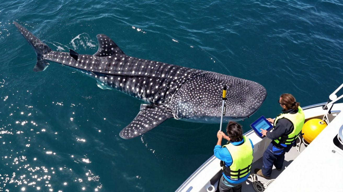 Tubarão-baleia próximo a um barco com dois investigadores a recolher dados com tablets e equipamentos.