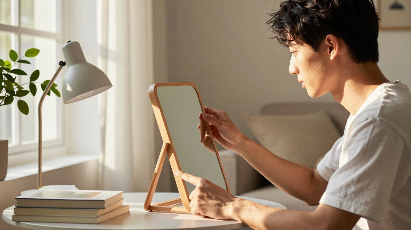Homem olha para espelho de mesa em ambiente iluminado com livros, planta e lâmpada branca.
