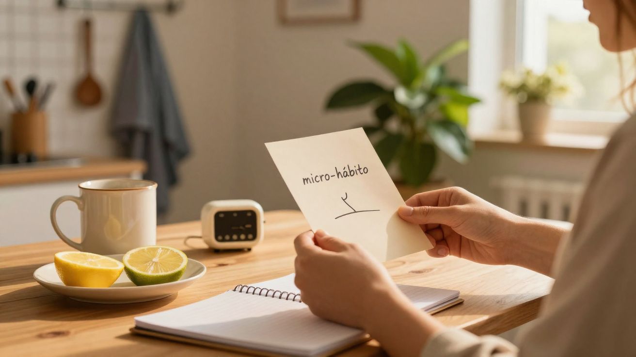 Pessoa a segurar um papel com o texto micro-hábito, numa mesa com chá, sumos de limão e lima e um caderno aberto.