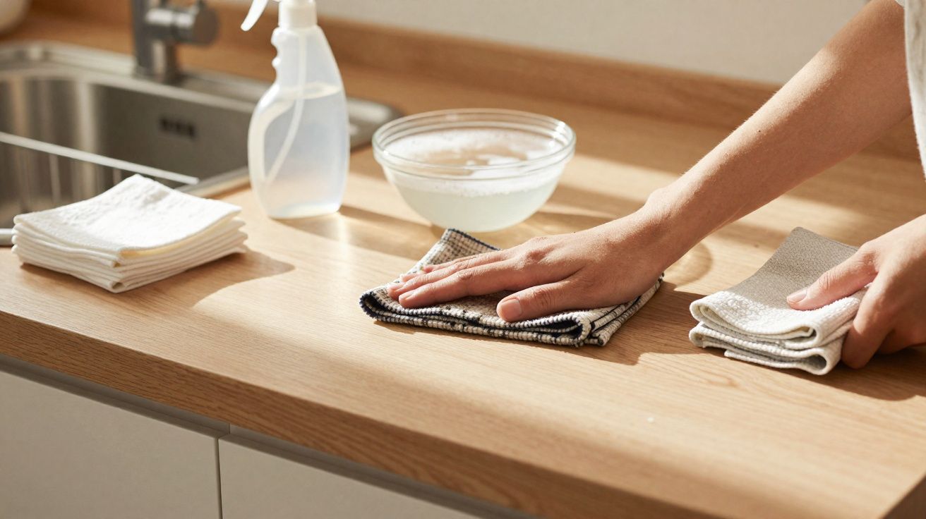 Mãos a limpar uma bancada de cozinha em madeira com panos, com prato de espuma e pulverizador ao fundo.
