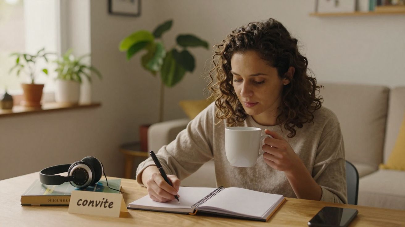 Mulher a escrever convite numa agenda enquanto segura uma caneca, mesa com auscultadores, livros e telemóvel.