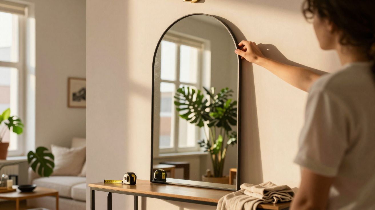 Mulher ajusta espelho de parede num espaço luminoso com plantas e decoração moderna.