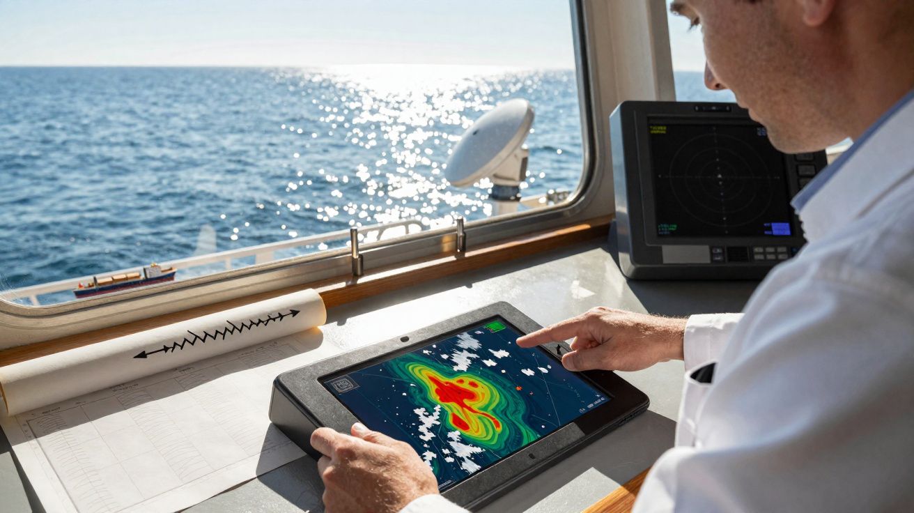 Homem a analisar dados meteorológicos numa tela digital a bordo de um barco no mar.