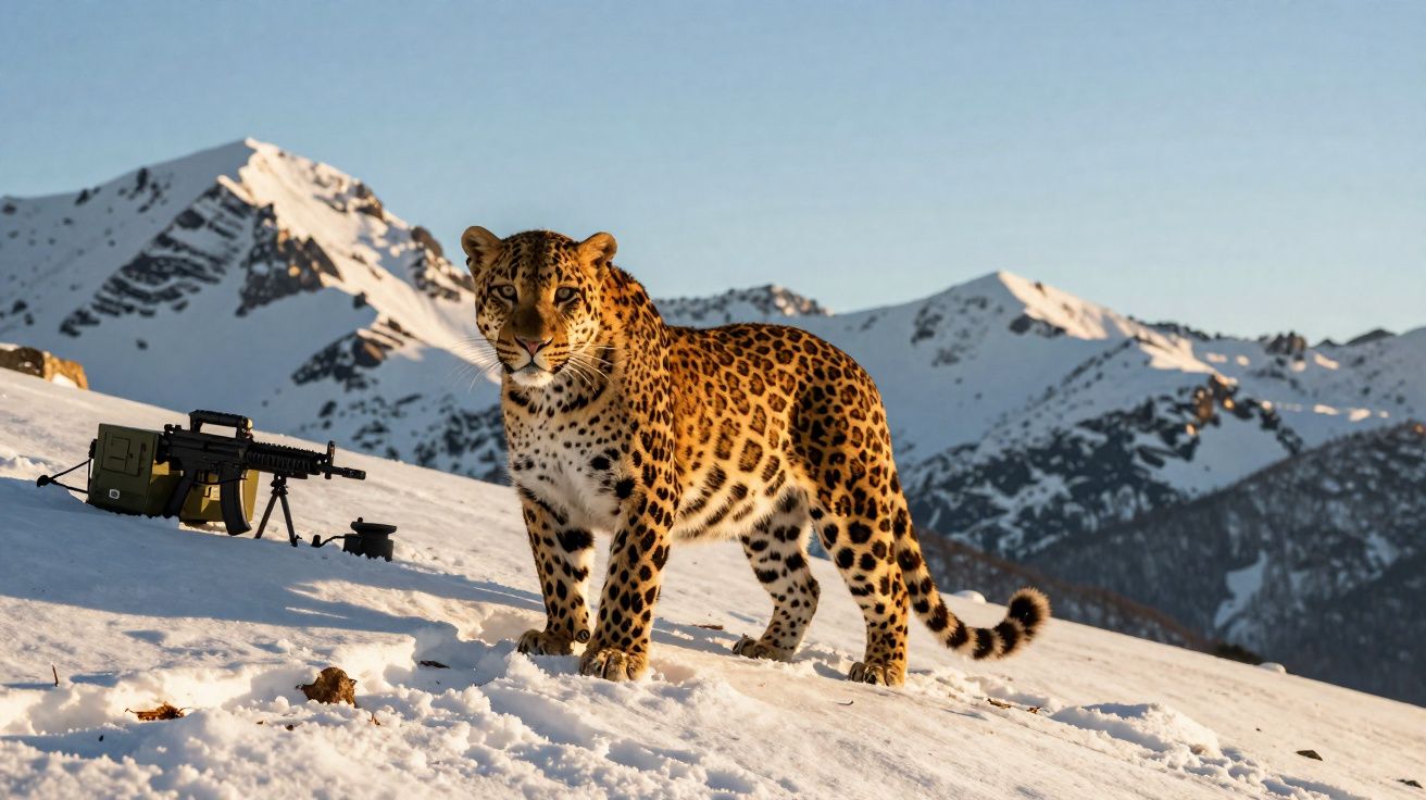 Onça-pintada na neve com montanhas ao fundo e metralhadora no chão congelado.