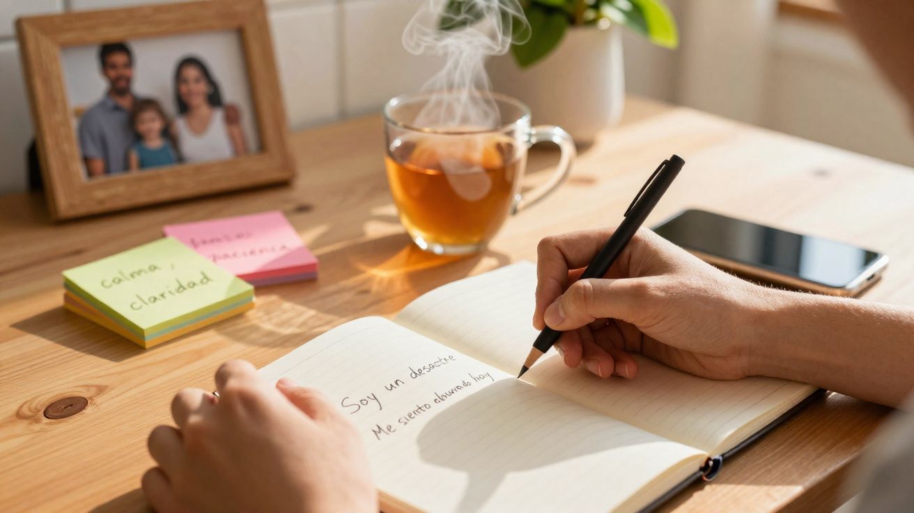 Pessoa a escrever num caderno numa mesa de madeira com chá quente, notas autocolantes e foto de família ao fundo.