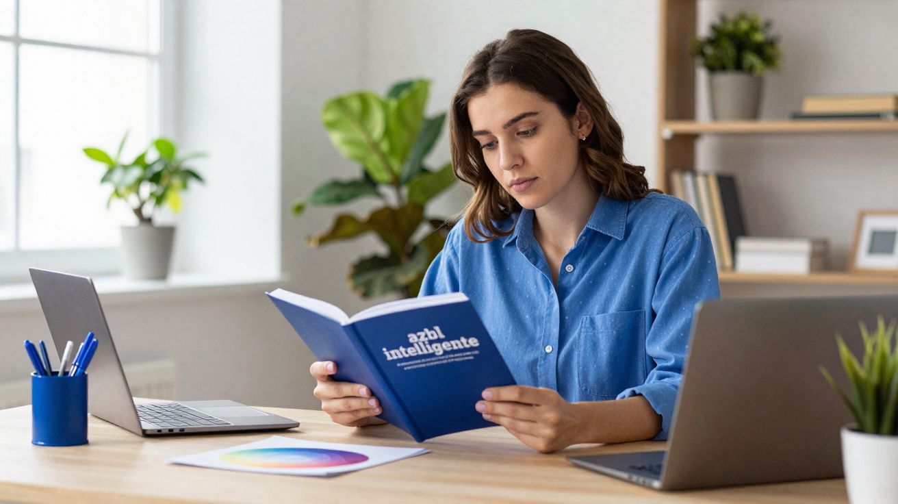 Mulher sentada numa mesa a ler um livro azul intitulado "azbi inteligente" com dois computadores portáteis.