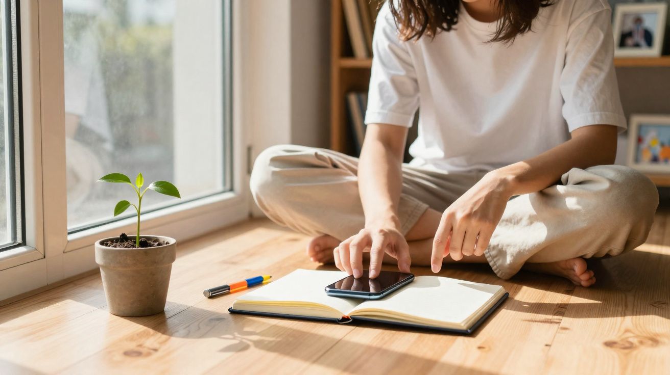 Pessoa sentada no chão junto a uma janela, a usar telemóvel sobre um caderno aberto, com planta ao lado.