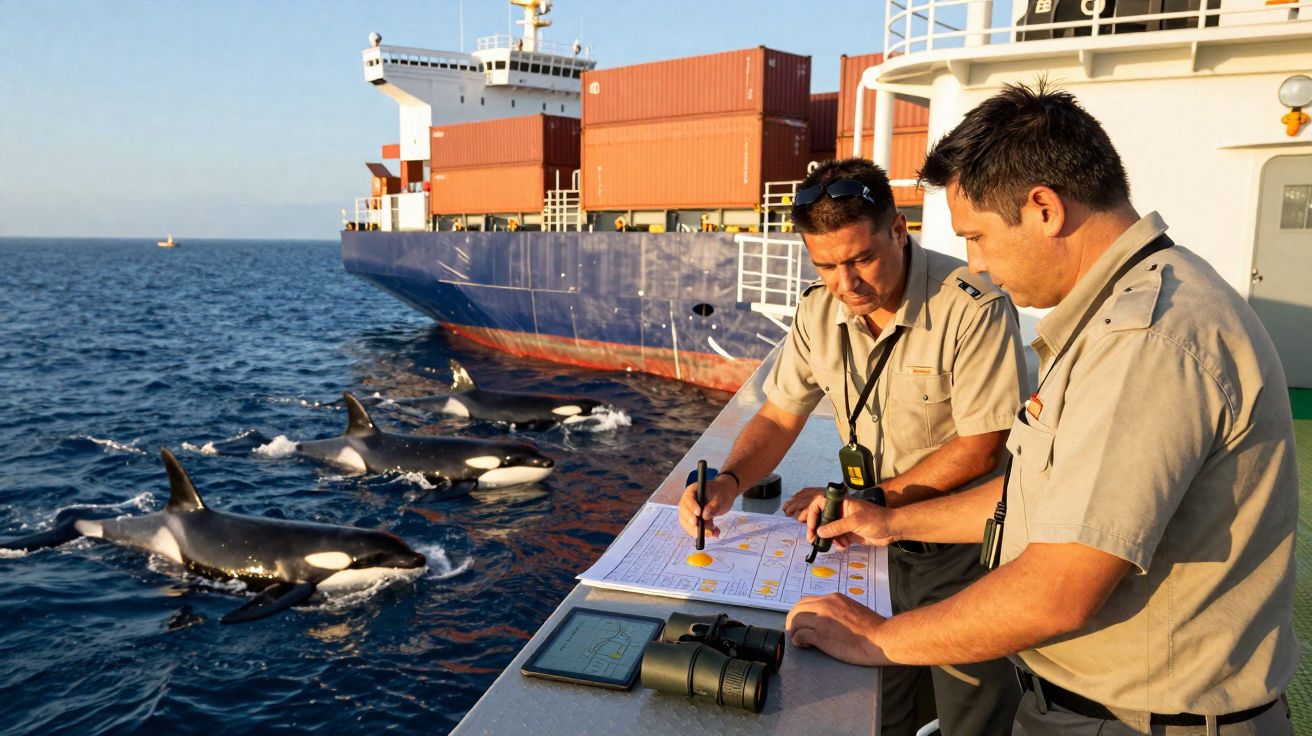 Dois homens de uniforme a trabalhar no convés de um navio com orcas a nadar ao lado no mar.