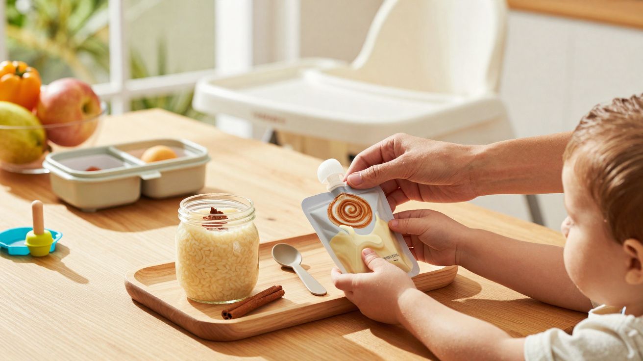 Criança a segurar uma embalagem de puré de fruta na mão, mesa com prato, colher e mantimento.