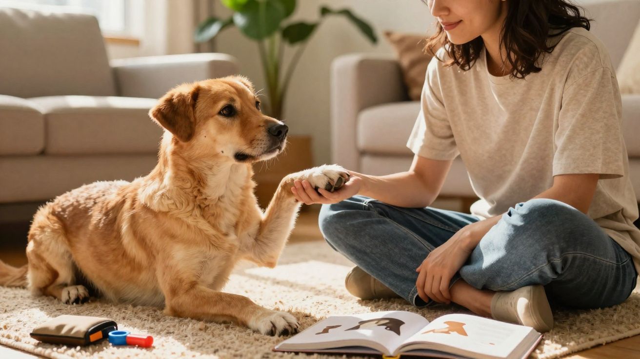 Mulher sentada no chão a dar a pata a um cão dourado num ambiente acolhedor e descontraído.