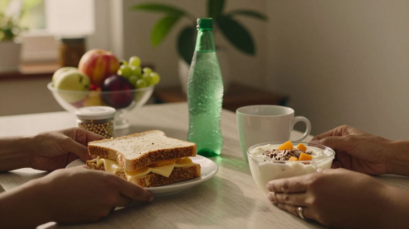 Duas pessoas a partilhar uma mesa com sanduíche, taça de iogurte com fruta e bebida numa garrafa verde.