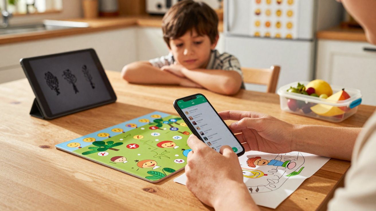 Menino sentado a olhar para uma mesa com jogo educativo e adulto a usar telemóvel numa cozinha.