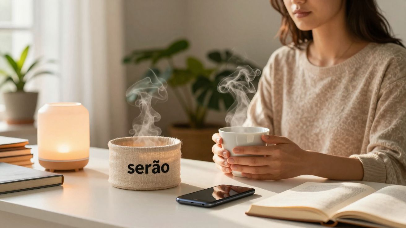 Mulher sentada a aquecer as mãos numa chávena quente, com livros, telemóvel e difusor numa mesa branca.