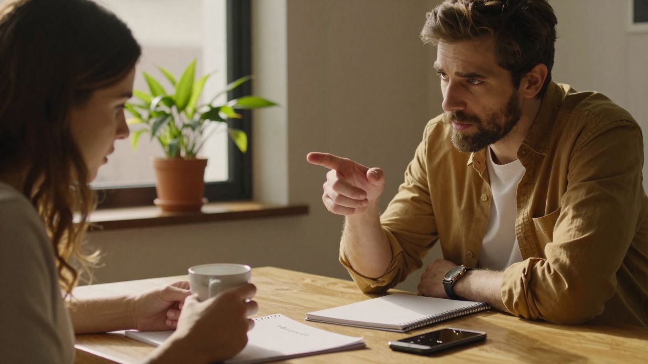 Homem e mulher sentados à mesa em discussão profunda, com caderno e telefone à frente.