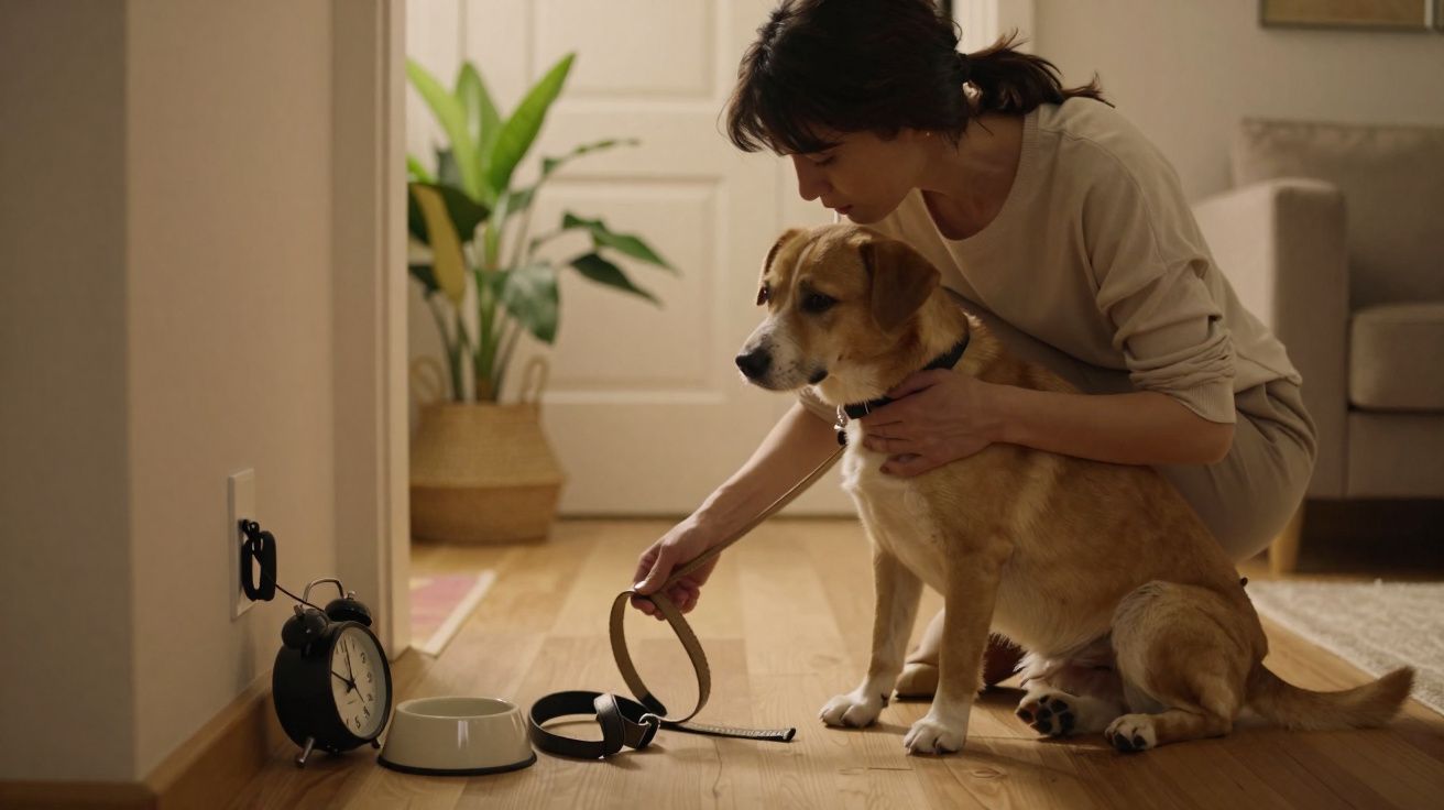 Mulher ajoelhada ao lado do cão, segurando coleira, perto de tigela, relógio e porta de casa.