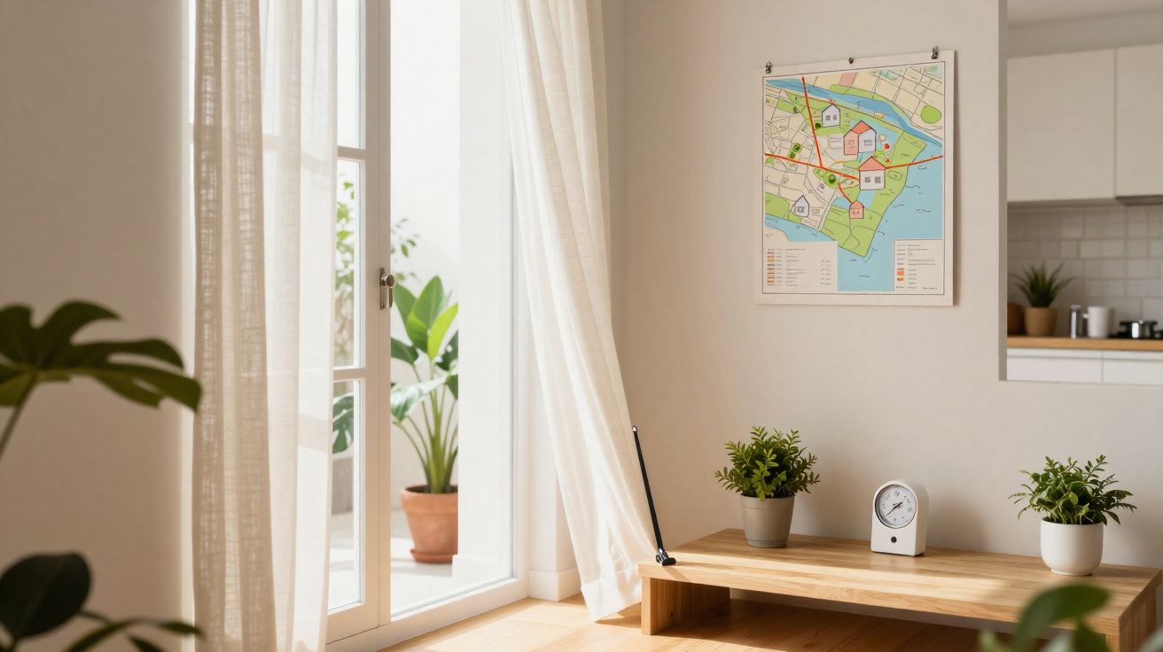 Sala de estar luminosa com plantas, mesa baixa em madeira, relógio branco e mapa colorido na parede.