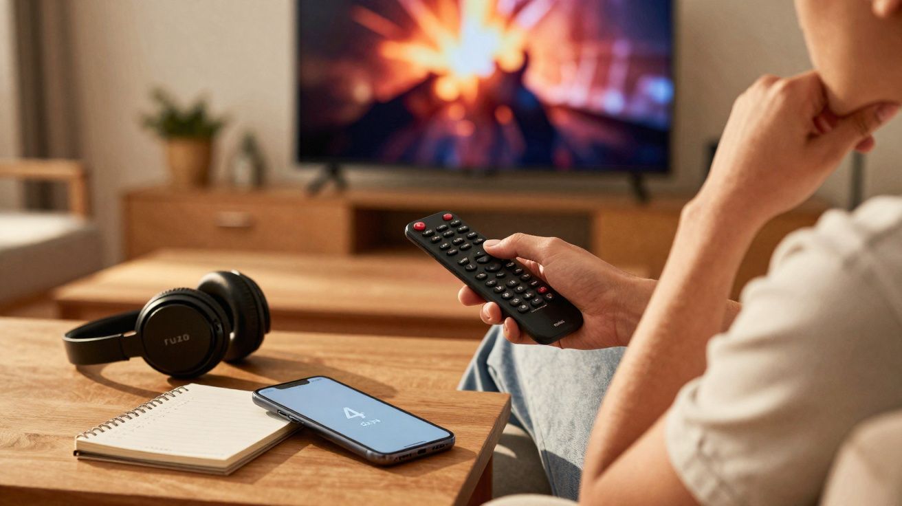 Pessoa a ver televisão com comando na mão, perto de auscultadores, telemóvel e caderno numa mesa.
