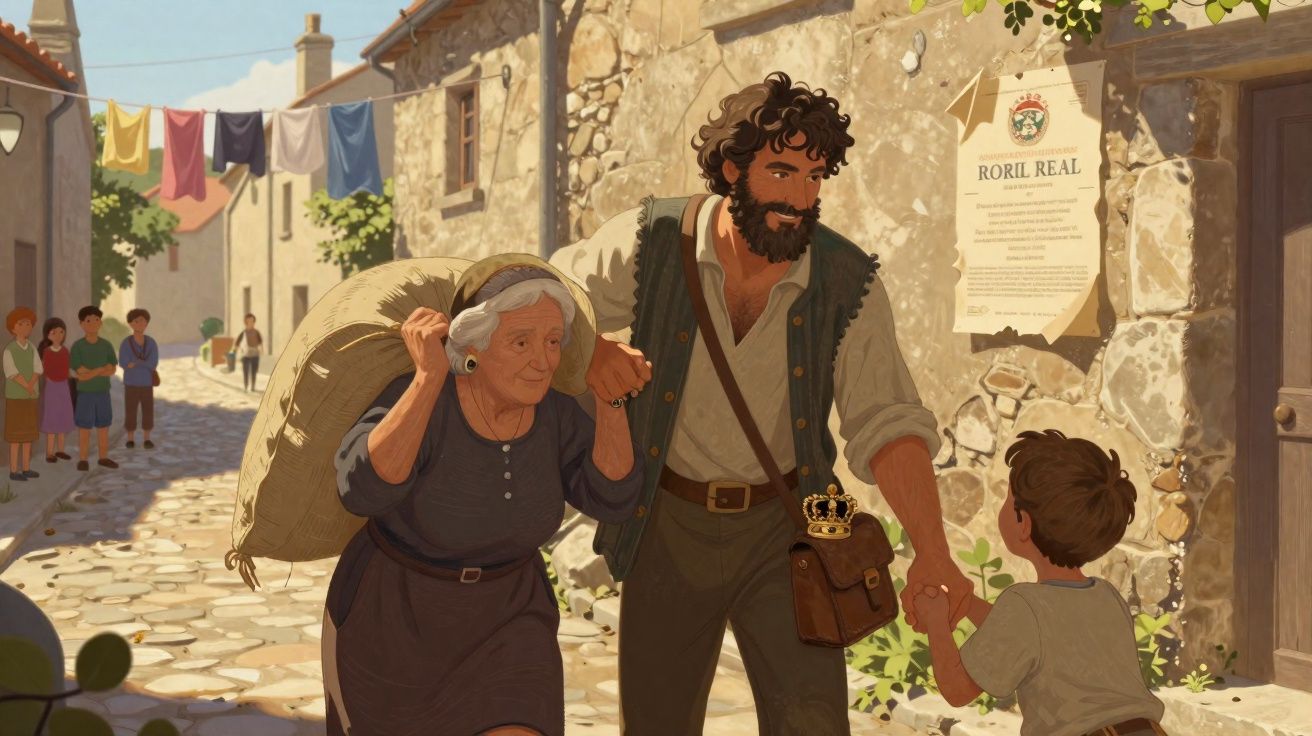 Homem ajuda idosa a carregar saco grande enquanto segura a mão de criança numa rua de pedra.