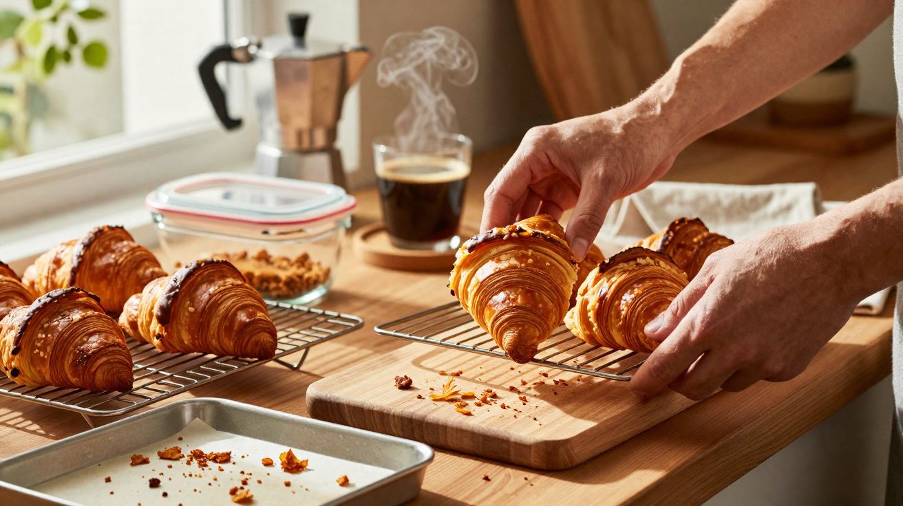 Mãos a apanhar croissants frescos sobre tábua de madeira numa cozinha iluminada de manhã.