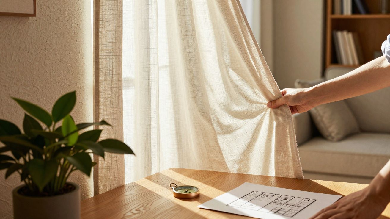 Mão a puxar uma cortina bege, luz natural a entrar, mesa com planta, bússola e planta arquitetónica.