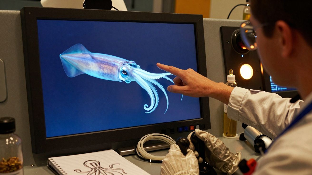 Pessoa a analisar no ecrã um modelo digital de um polvo enquanto aponta para o ecrã.