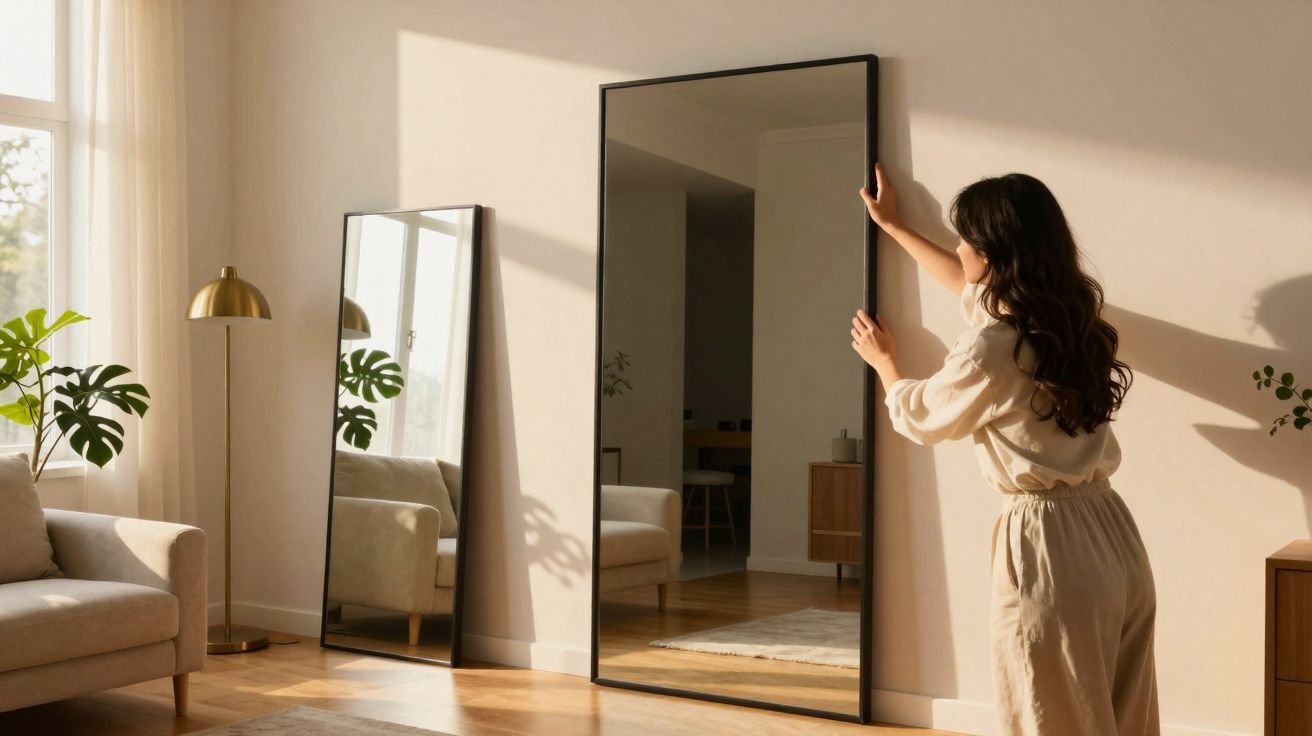 Mulher a colocar um grande espelho rectangular numa parede em sala iluminada, com sofá e candeeiro dourado.