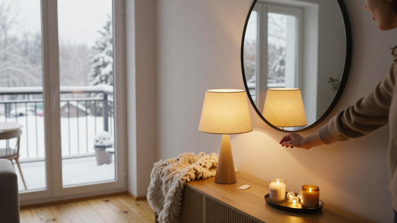 Mão a ligar candeeiro numa sala com velas, manta e janela ampla com vista para neve.