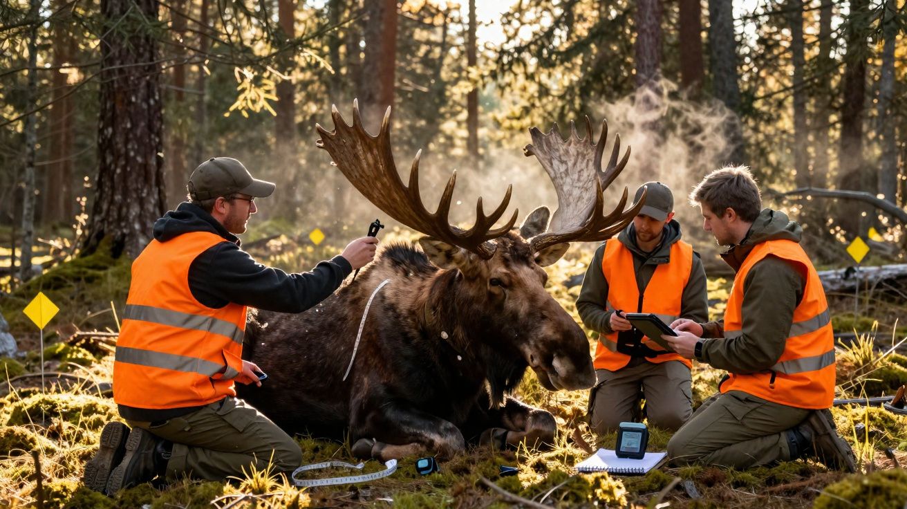 Três homens com coletes laranja medem e analisam um alce grande numa floresta iluminada pelo sol.