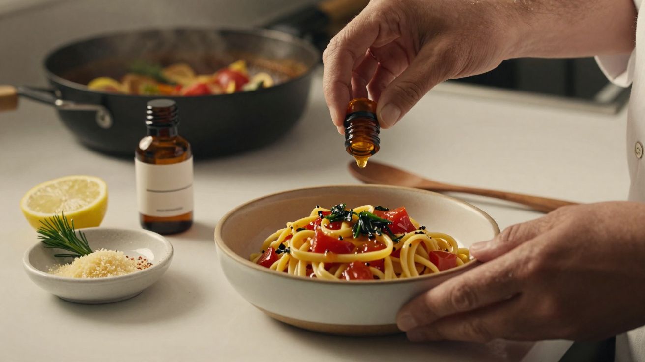 Mãos de pessoa a temperar prato de massa com tomate e ervas, com panela e ingredientes na bancada.