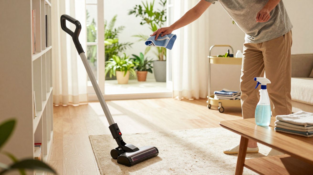 Pessoa a limpar um tapete com um aspirador sem fios numa sala iluminada e organizada.