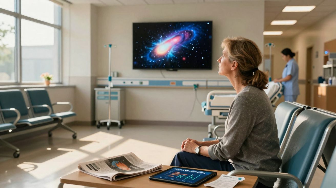 Mulher sentada numa sala de espera de hospital, olhando para um ecrã com imagem do espaço.