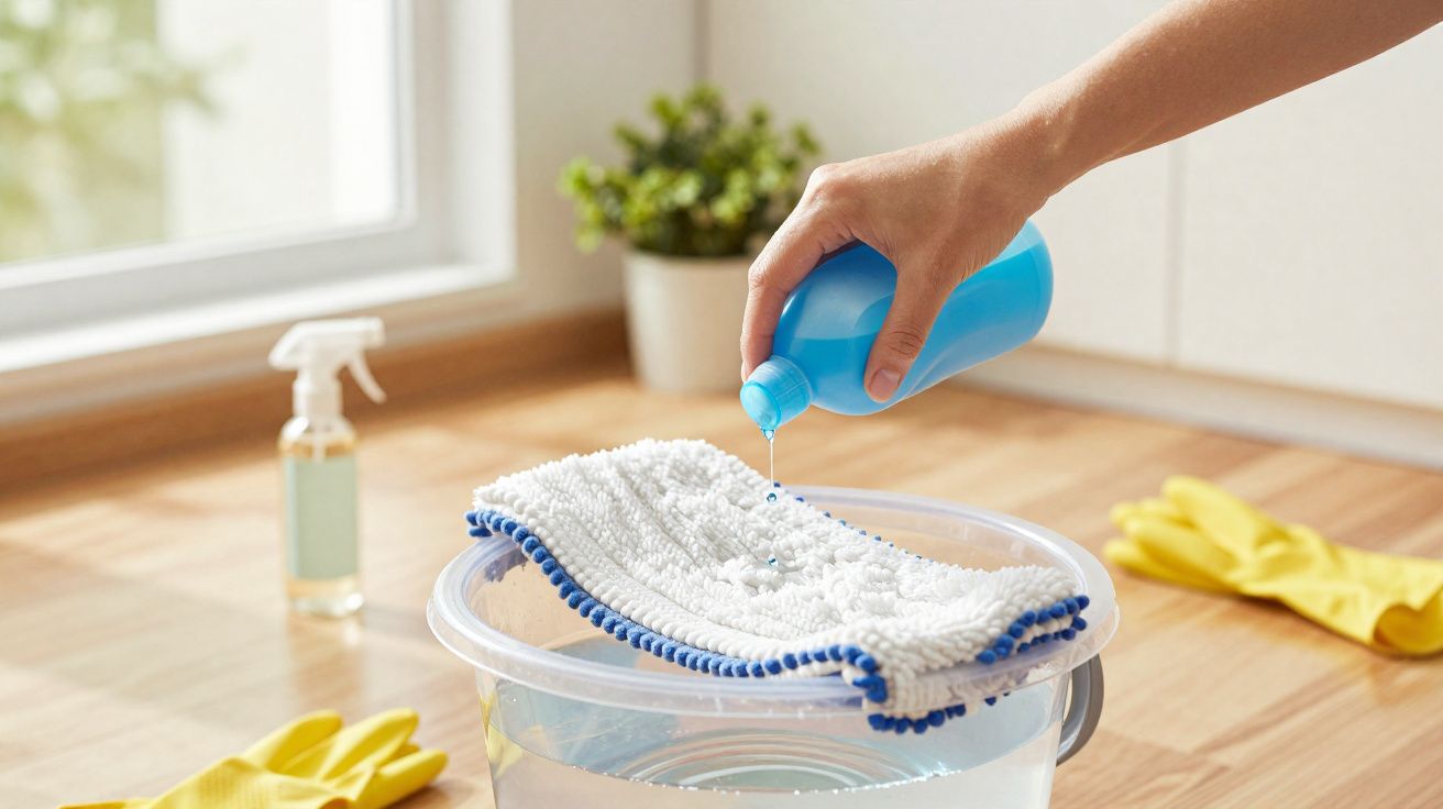 Mão a verter detergente azul numa esfregona branca sobre um balde com água para limpeza doméstica.