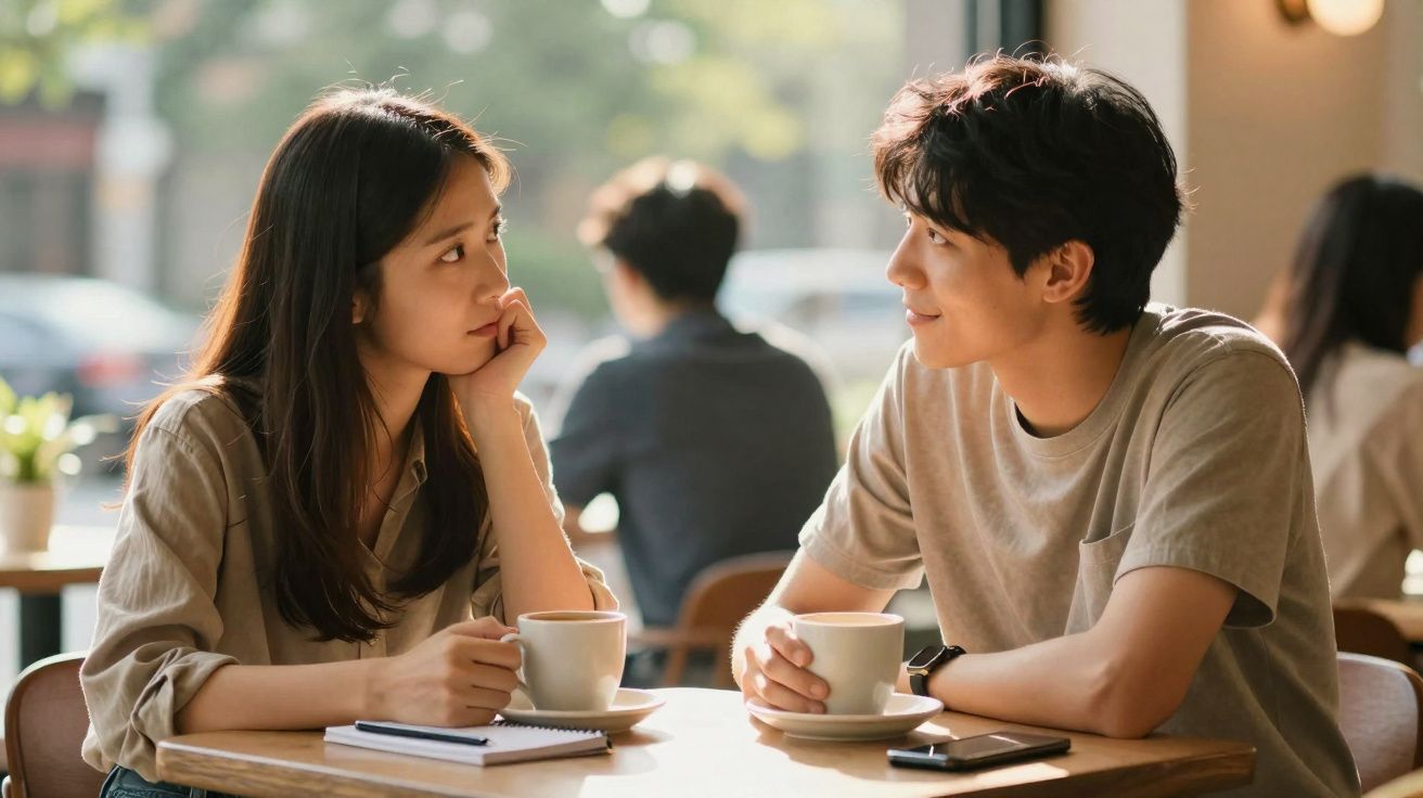 Casal jovem a conversar e beber café num café com luz natural e ambiente acolhedor.