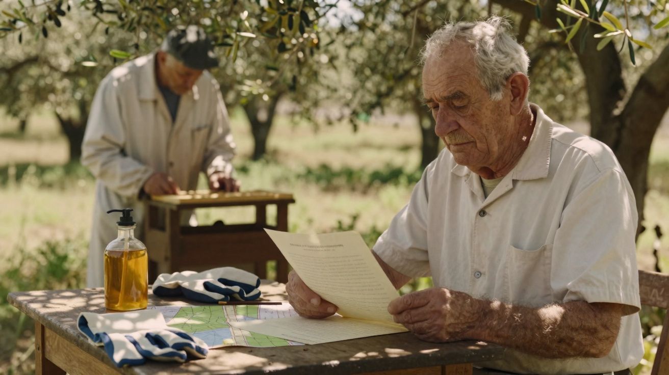 Idoso sentado à mesa ao ar livre a ler documentos, enquanto outro homem trabalha ao fundo com árvores em redor.