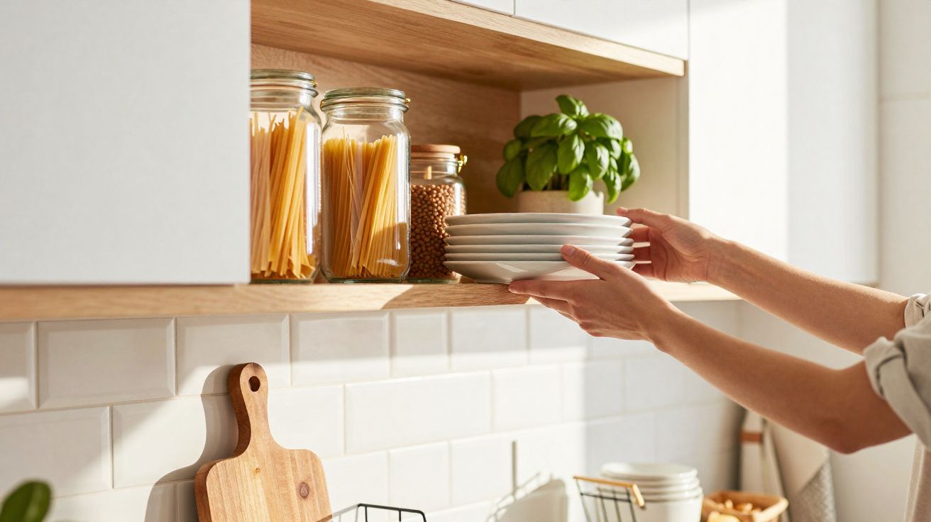 Mãos a guardar pratos numa prateleira de cozinha com frascos de massa e manjericão.