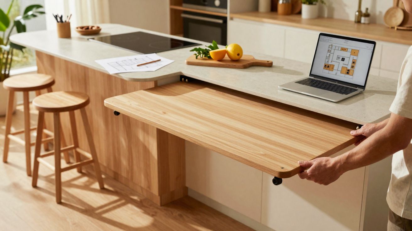 Pessoa a abrir mesa de madeira extensível junto a bancada de cozinha com portátil e frutas.