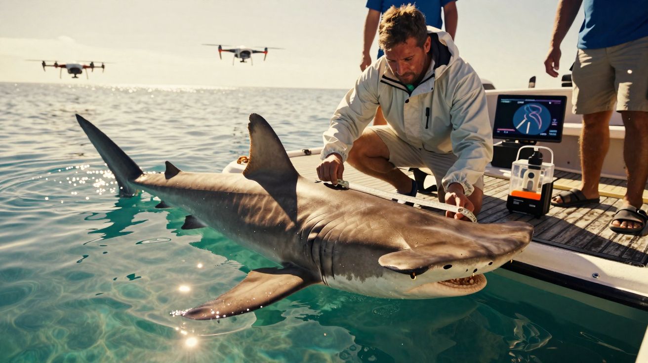 Homem a medir tubarão na borda de um barco com drones a voar no mar ao fundo.