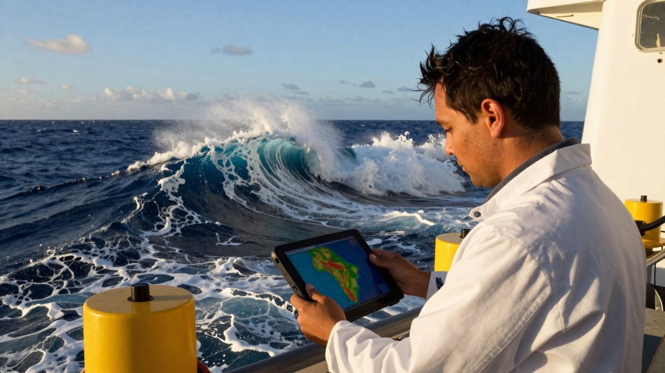 Homem com bata branca a observar mapa num tablet, no convés de barco com ondas do mar agitado ao fundo.