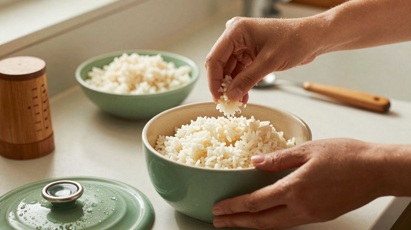 Mãos a servir arroz branco em taça verde numa bancada de cozinha com outra taça cheia ao fundo.